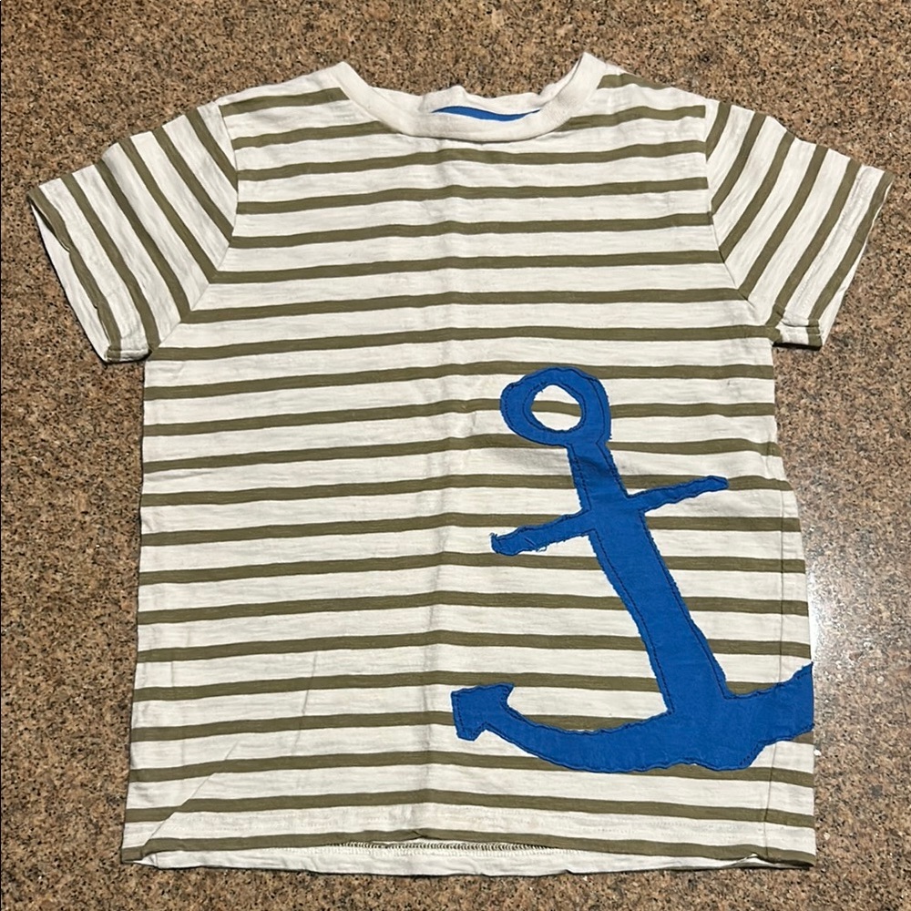 Mini Boden White & Olive Green Stripe Tee with appliqué of Anchor in Blue